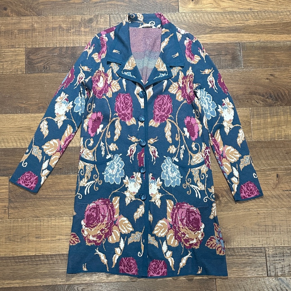 Soft Surroundings Teal Floral Knit Cardigan